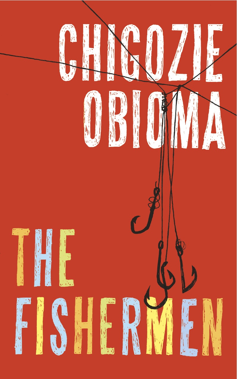 The Fishermen by Chigozie Obioma book cover featuring a red background a bunch of black fishing hooks