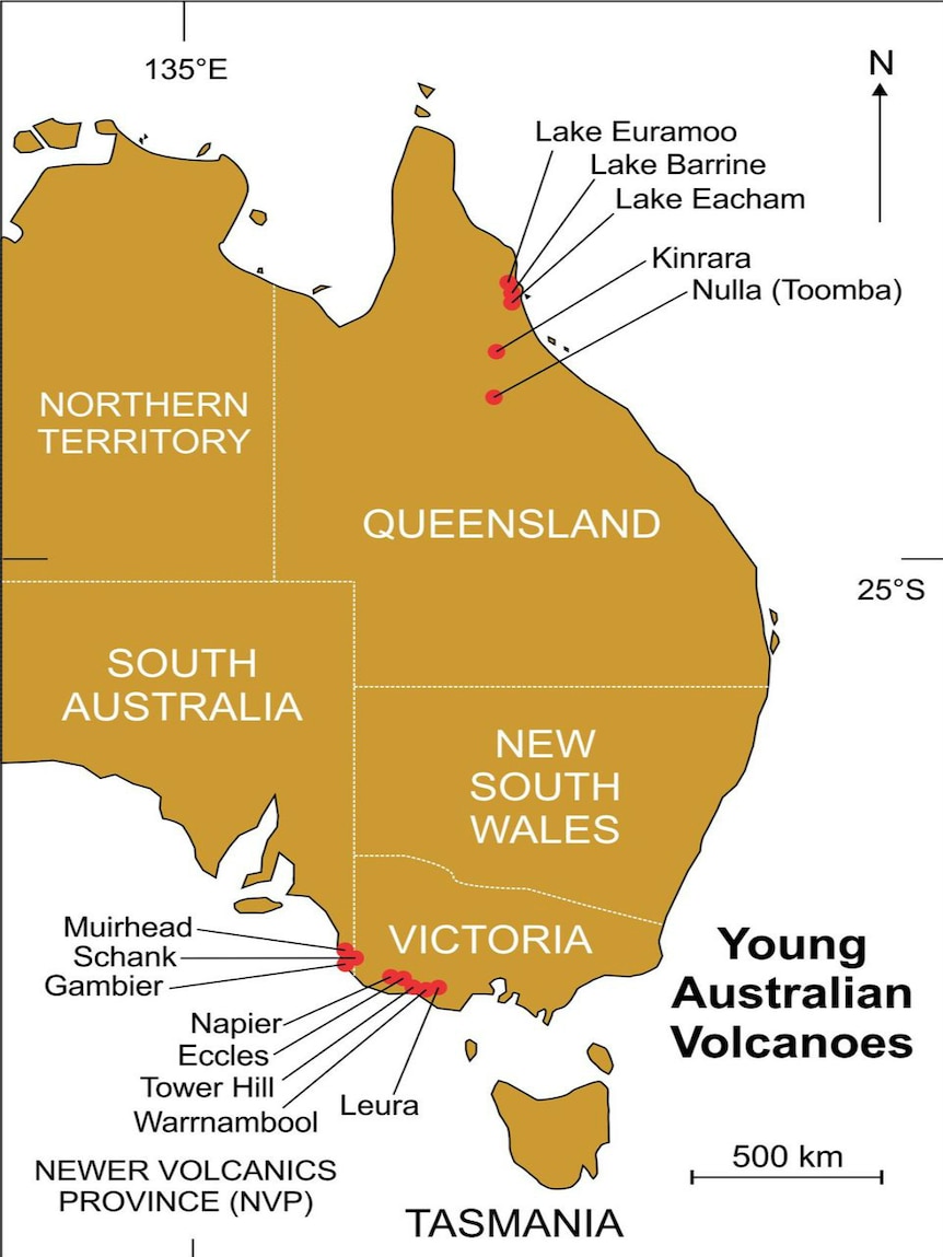 A map showing volcanic areas in Queensland and South Australia.