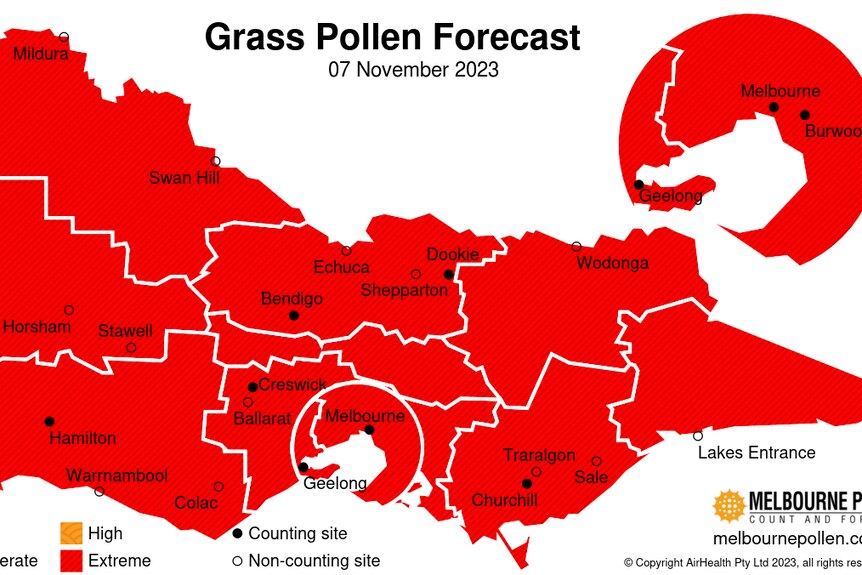 A map shows extreme pollen levels across Victoria