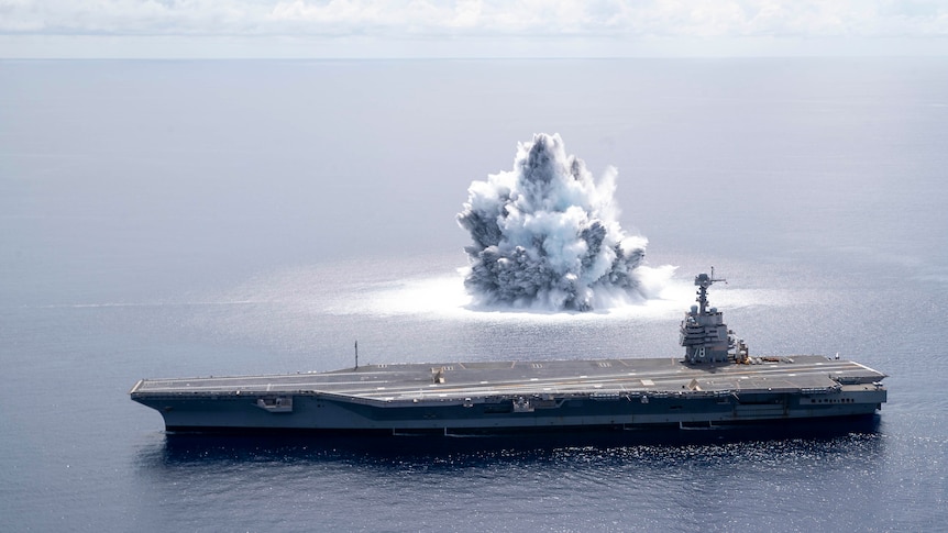 The US navy has released video of a "full ship shock trial" of the USS Gerald R Ford, one of the largest and newest aircraft carriers in the