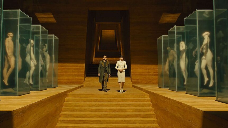 Still image from 2017 film Blade Runner of Ryan Gosling and Sylvia Hoeks admiring replicants housed in glass boxes.