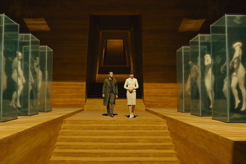 Still image from 2017 film Blade Runner of Ryan Gosling and Sylvia Hoeks admiring replicants housed in glass boxes.