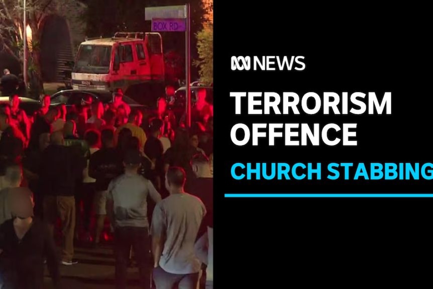 Terrorism Offence, Church Stabbing: A crowd of people on a street at night.