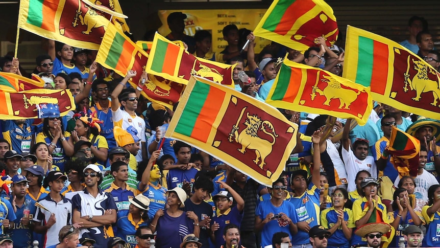 Sri Lankan fans raise their national flags during an ODI against Australia in Brisbane in 2013.