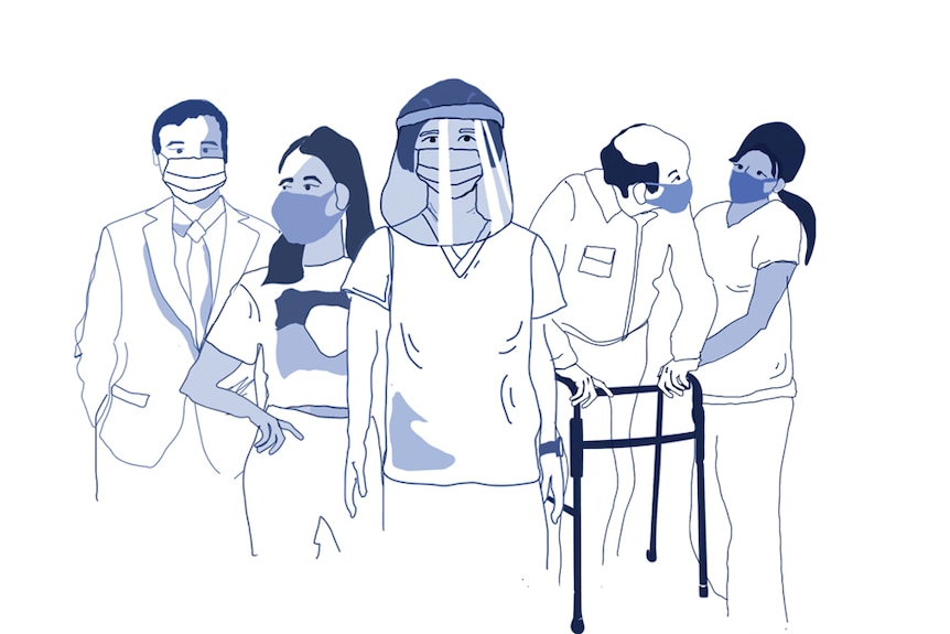 An illustration of people wearing masks in a queue.