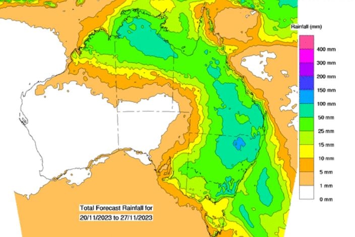 The eight day rainfall forecast shows much of eastern and northern Australia 