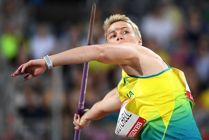Australian athlete Kathryn Mitchell throws the javelin