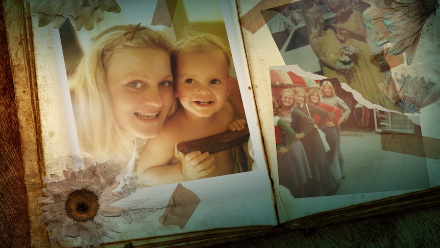 A graphic of photos of Liz Henry and her children, made up to look like a photo album.