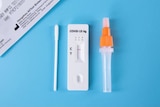Rapid antigen test kit sits on a plain blue background with the box in the top left corner