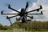 A drone used for photography in flight.