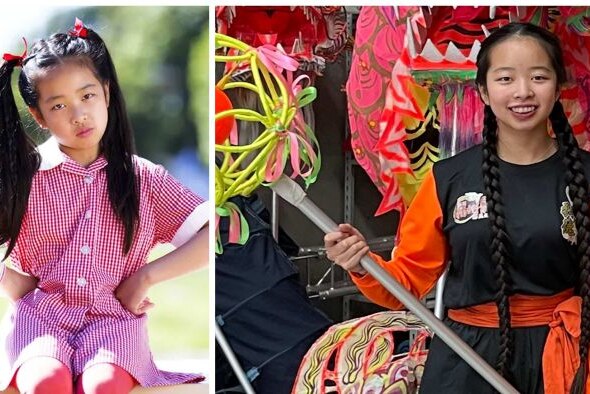 Madison Lu on Little Lunch (L) and now as a dragon dance performer