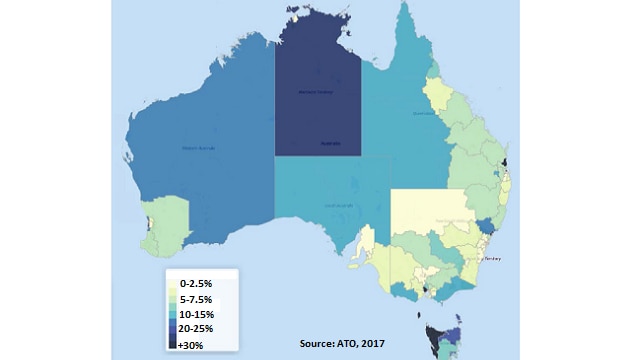 Map of Australia showring proportion of agricultural land with a level of foreign ownership.