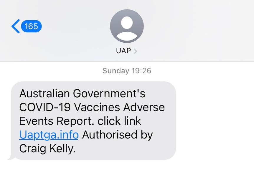 A phone screenshot shows a text message linking to a political website.