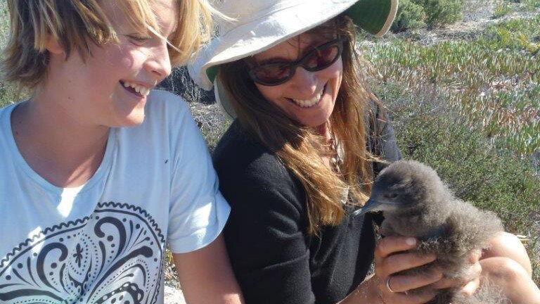 Shae Surman and Dr Lisa Nicholson hold on to a seabird chick