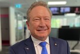 Andrew Forrest wears a blue suit and tie standing in the ABC Ultimo Newsroom