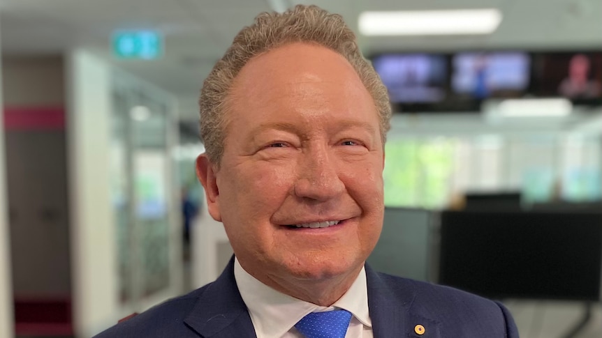 Andrew Forrest wears a blue suit and tie standing in the ABC Ultimo Newsroom