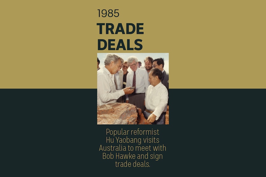 An image of Bob Hawke with Chinese general secretary Hu Yaobang at an iron ore mine. Text reads 1985, Trade Deals.