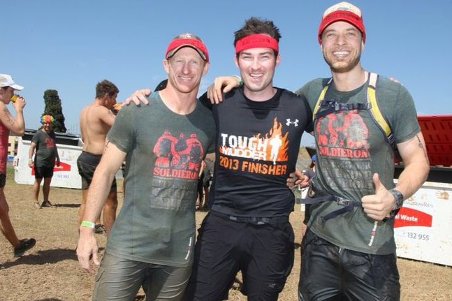 John Bale (C) competes in Tough Mudder race with Mark Donaldson VC (L) and Hamish Blake (R).