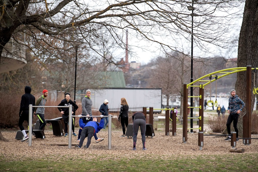 A group of people use outdoor gym equipment in a park in Sweden during the coronavirus pandemic