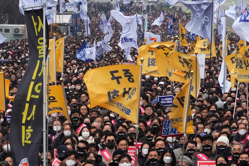 Thousands of doctors march, many wearing face masks and waving banners with messages written in Korean.