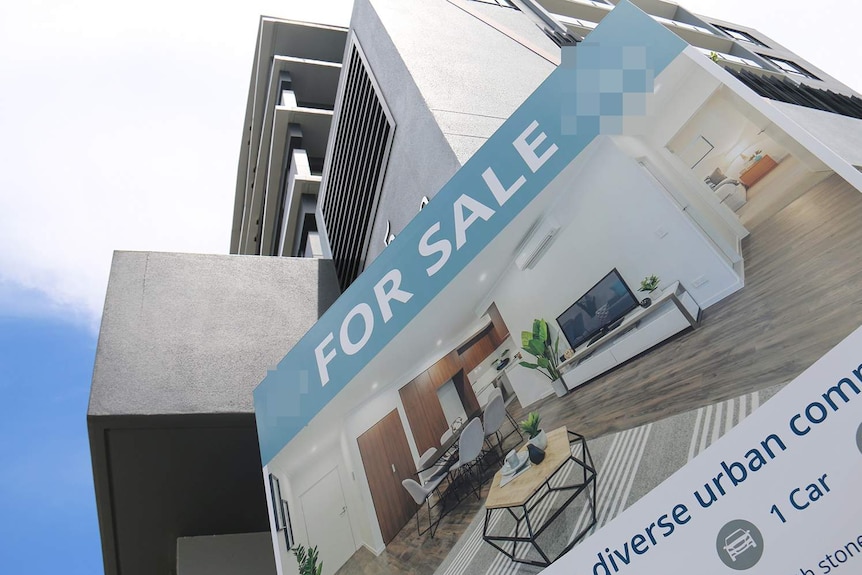 For sale sign outside an apartment building along a street in Brisbane on October 31, 2018.