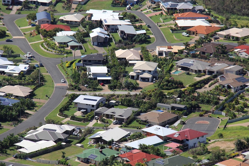 An aerial shot of a suburban neighbourhood.
