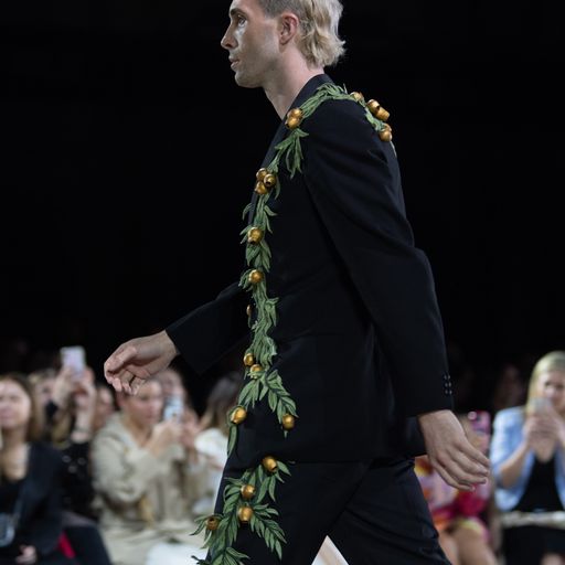 A man in a black suit with green leaves and gold adorning the leaves