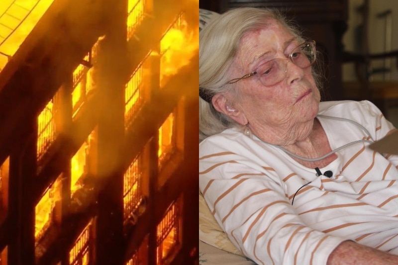 Composite image of a blazing building and an old woman in a chair
