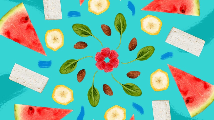 Kaleidoscope based Illustration of Watermelon, Tofu, Banana, Spinach, almonds and raspberries for a guide on the Alkaline Diet