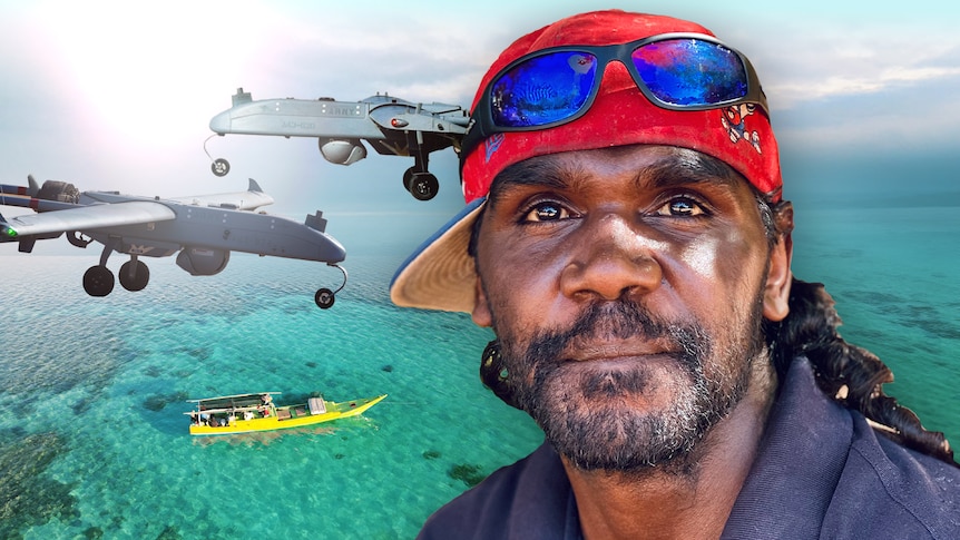 A composite image of a man with ocean behind him and a fishing boat and military drone next to him.