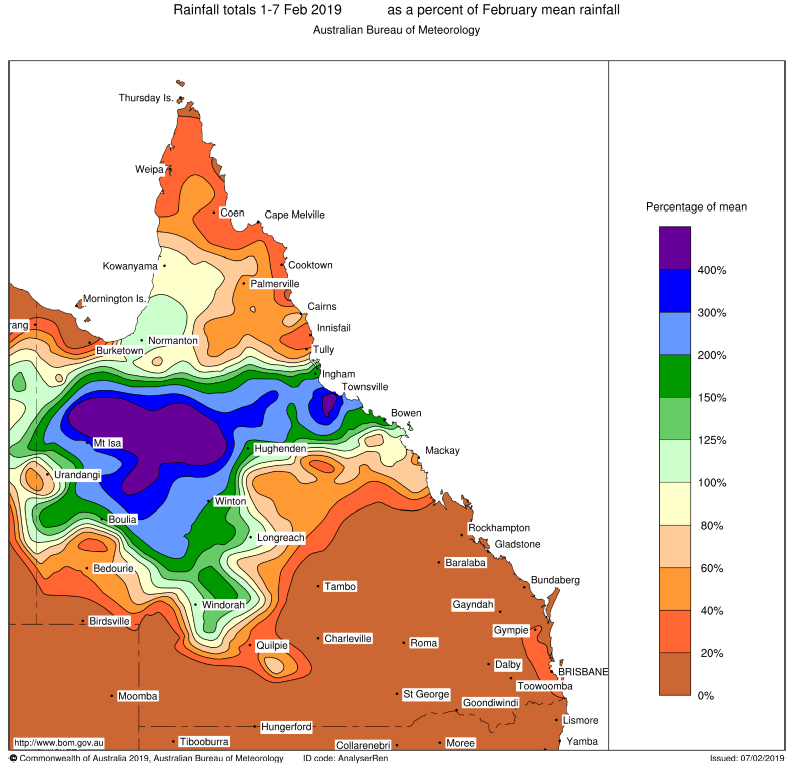 Map of Qld with big purple blob reaching from Mt Isa to Townsville indicating over 200% of normal Feb rainfall