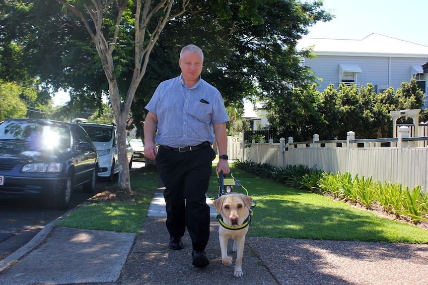 A middle-aged white man with short, grey hair, walks down a surburban street with a seeing-eye dog.