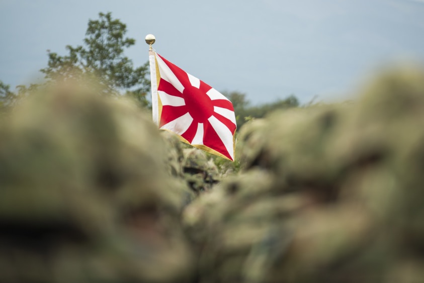 日本自卫队的旗帜在一群模糊的服务人员当中。