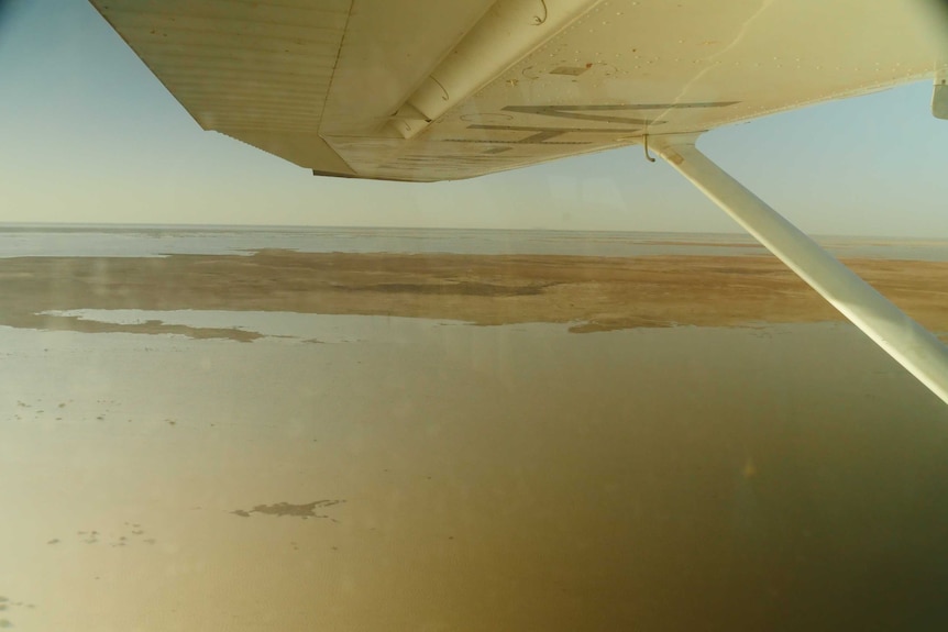 The underside of a light plane's wing and an aerial view of an expanse of inland floodwater and flat land like an island.