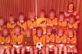 A an old colour photo of a boys soccer team with a male coach. The boys' faces are blurred.