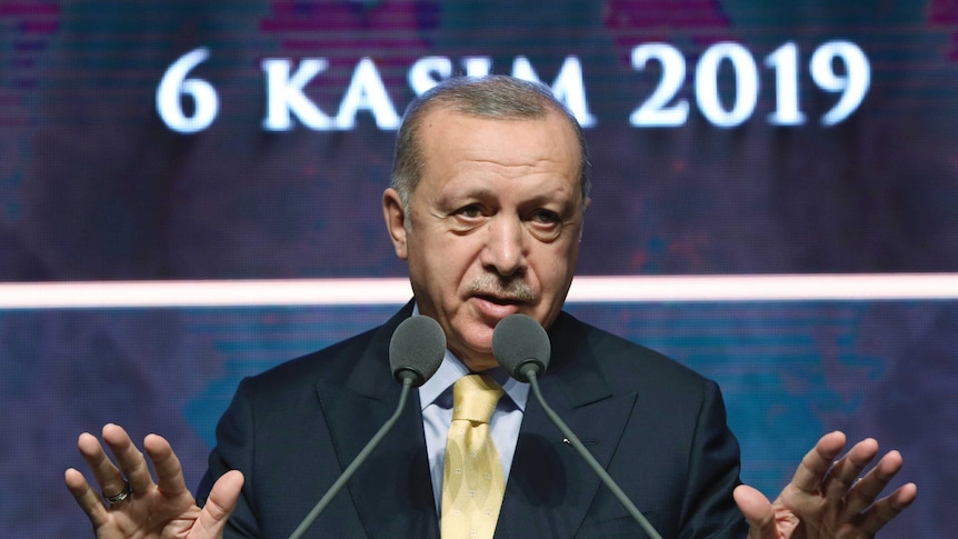 Turkish President Recep Tayyip Erdogan holds his hands up as he speaks into a microphone.