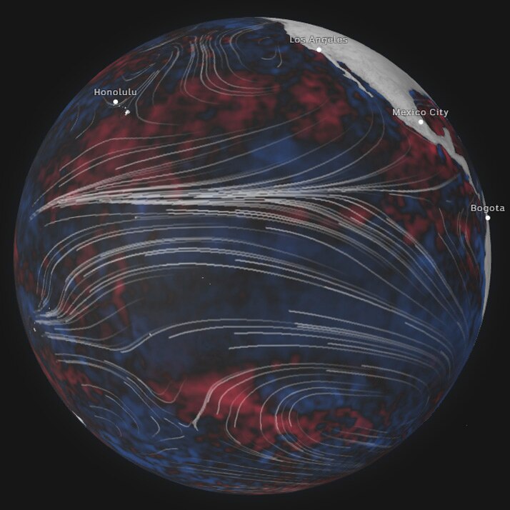 A globe showing wind lines and sea surface temperature patterns in the Pacific Ocean