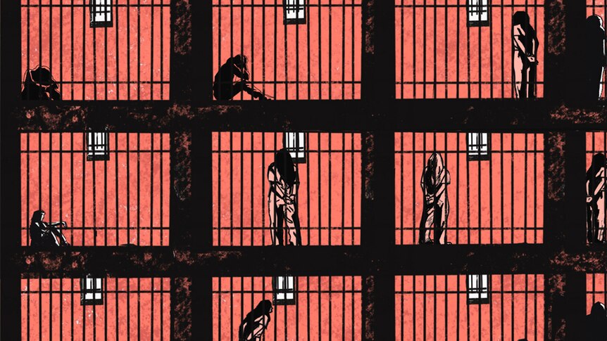 An illustration shows three storeys of prison cells filled with women.