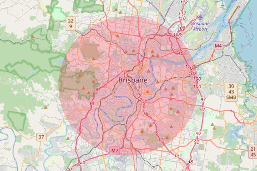 a screenshot of the use my location tool showing a map of inner city brisbane with a red circle superimposed