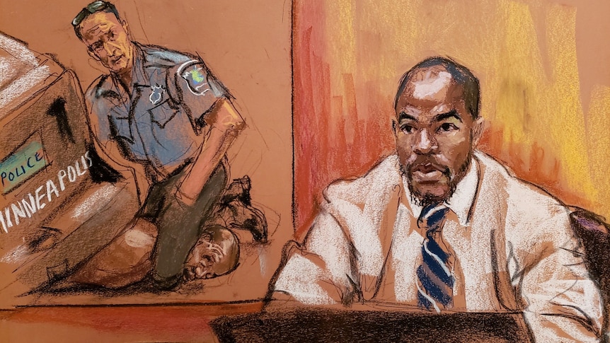 A court sketch of a white police office kneeling on a black man, with black witness sitting beside.