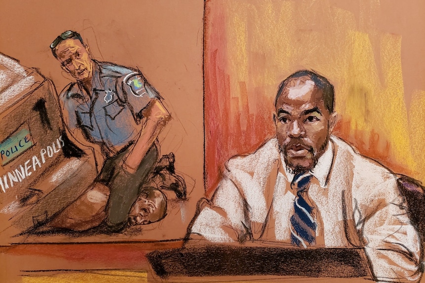 A court sketch of a white police office kneeling on a black man, with black witness sitting beside.