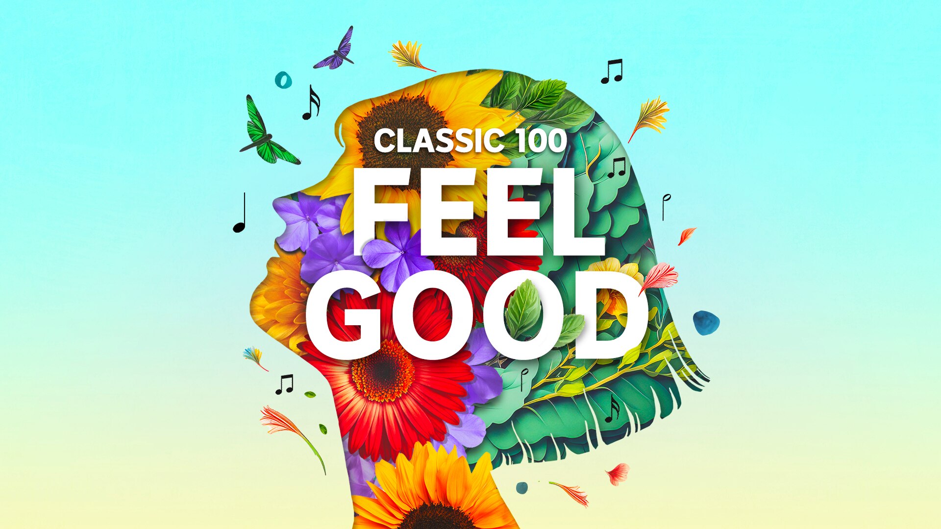 The illustrated outline of head is filled with brightly-coloured flowers and leaves with text Classic 100 Feel Good..