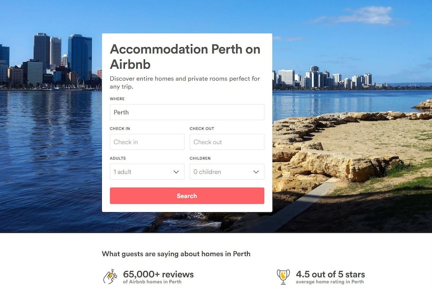 A screengrab of the Airbnb website advertising Perth properties