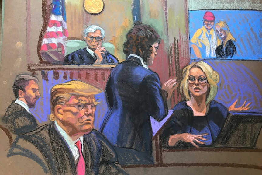Court illustration of Donald Trump and Stormy Daniels. Trump is in the foreground, Daniels is on the witness stand.