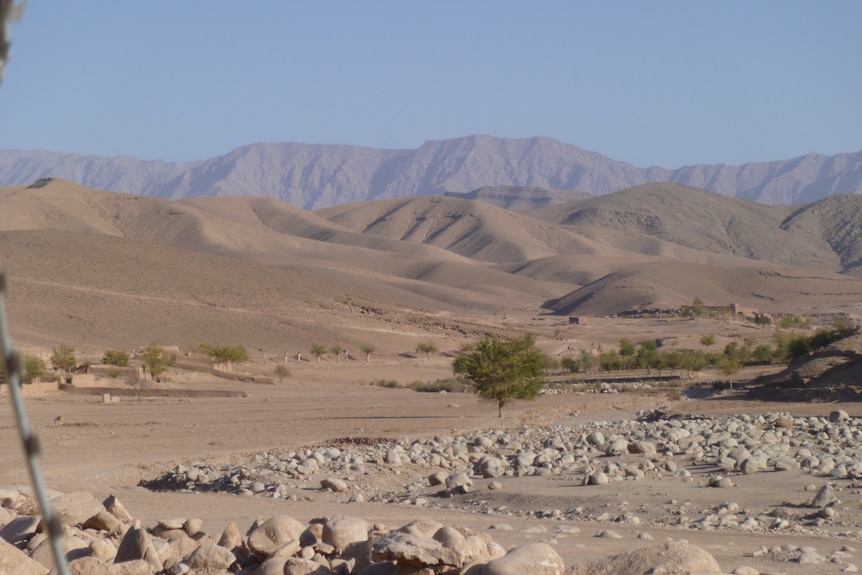 dusty grey mountains sit in a desert