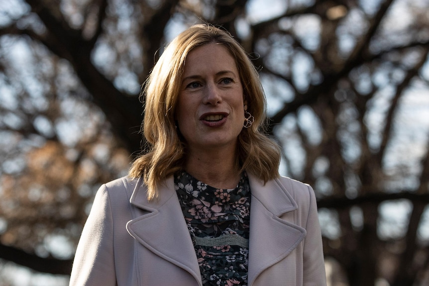 Rebecca White speaks outside, there is a tree in the background