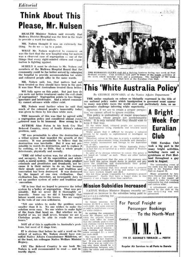 Newspaper front page from Westralian Aborigine, headline reads "This, "White Australia Policy'"