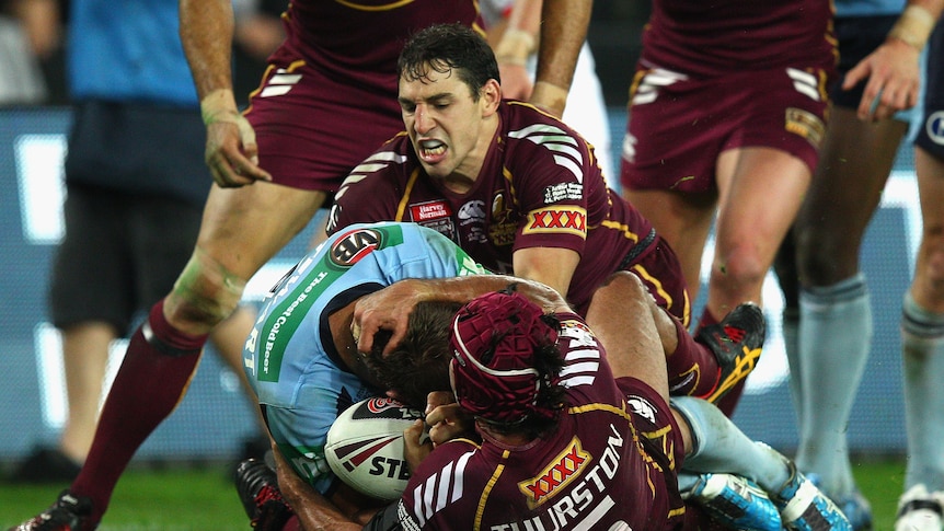 Brett Stewart of the Blues crosses for the first try during game two of the ARL State of Origin