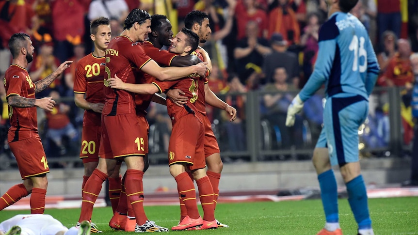 Belgium celebrates Mertens goal against Tunisia