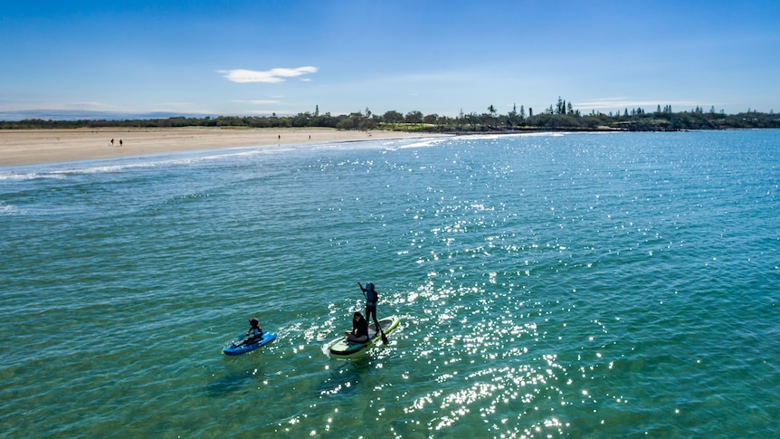 Jetskis are being ridden in water near a beach.